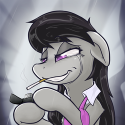 Size: 2048x2048 | Tagged: safe, artist:slackerburst, octavia melody, earth pony, pony, g4, cigarette, crying, female, lighter, mare, messy mane, rain, sad, smiling, smoking, solo, tears of pain