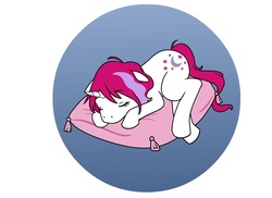 Size: 2291x1666 | Tagged: safe, artist:princesschuchi, moondancer (g1), pony, unicorn, g1, circle background, female, lying down, mare, pillow, prone, sleeping, solo