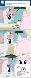 Size: 660x1645 | Tagged: safe, artist:mixermike622, nurse redheart, oc, oc:fluffle puff, tumblr:ask fluffle puff, g4, bell, blushing, drawing, hospital, syringe