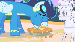 Size: 640x359 | Tagged: safe, soarin', oc, oc:sketchy the notebook pony, g4, faic, lined paper, messy eating, pie, sketch, sketchy, that pony sure does love pies, why