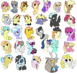Size: 2447x2345 | Tagged: safe, artist:flower-power-love, berry punch, berryshine, blossomforth, bon bon, braeburn, candy mane, carrot cake, cloudchaser, derpy hooves, dinky hooves, discord, dizzy twister, doctor fauna, dust devil, flam, flim, holly dash, junebug, lily, lily valley, lyra heartstrings, mjölna, neon lights, octavia melody, orange swirl, photo finish, ponet, press pass, press release (g4), rising star, roseluck, screwball, surprise, sweetie drops, thunderlane, tracy flash, earth pony, pegasus, pony, unicorn, g1, g4, background pony, blushing, female, flim flam brothers, g1 to g4, generation leap, glasses, happy, hat, lesbian, male, mare, ship:juneforth, ship:lyrabon, shipping, simple background, smiling, stallion, sunglasses, white background