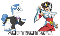 Size: 1000x600 | Tagged: safe, fancypants, g4, exploitable meme, jesus barrero, latin american, saint seiya, same voice actor