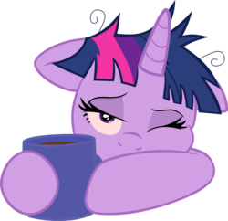 Size: 1790x1736 | Tagged: safe, artist:jerick, artist:joey darkmeat, twilight sparkle, pony, g4, bed mane, coffee, female, floppy ears, hoof hold, looking at you, morning ponies, mug, simple background, solo, tired, transparent background, vector, wink