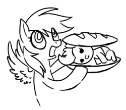 Size: 427x373 | Tagged: safe, artist:reuniclus, cream puff, rainbow dash, pegasus, pony, g4, baby, california cheeseburger, cannibalism, filly, foal, food, horse meat, imminent vore, male, meat, monochrome, parody, person as food, ponies in food, sandwich, the simpsons