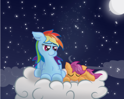 Size: 6000x4800 | Tagged: safe, artist:erockertorres, rainbow dash, scootaloo, g4, absurd resolution, chest fluff, cloud, scootalove, sleeping