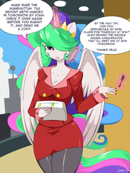 Size: 600x796 | Tagged: dead source, safe, artist:jiayi, princess celestia, anthro, g4, ambiguous facial structure, cleavage, clothes, dialogue, female, nail polish, phone