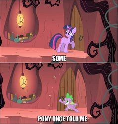 Size: 1768x1856 | Tagged: safe, edit, edited screencap, screencap, spike, twilight sparkle, dragon, pony, unicorn, feeling pinkie keen, g4, all star (song), caption, comic, door, duo, female, image macro, male, mare, meme, screencap comic, smash mouth, somebody once told me, song, song reference, unicorn twilight