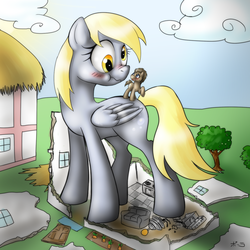 Size: 1200x1200 | Tagged: safe, artist:jitterbugjive, derpy hooves, doctor whooves, time turner, earth pony, pegasus, pony, g4, blushing, carrot, couch, female, giant derpy hooves, giant pony, giantess, hilarious in hindsight, house, macro, mare, scrunchy face, size difference