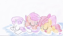 Size: 1909x1090 | Tagged: safe, apple bloom, scootaloo, sweetie belle, g4, cutie mark crusaders, sleeping