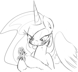 Size: 778x722 | Tagged: safe, artist:zev, princess celestia, butterfly, g4, blushing, crying, grayscale, monochrome, smiling