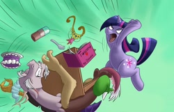 Size: 1280x823 | Tagged: safe, artist:toshabi, discord, twilight sparkle, unicorn, angry, big crown thingy, book, cake, chocolate, chocolate milk, food, gritted teeth, milk, no pupils, shipping denied, spork, table, table flip, unicorn twilight