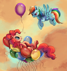 Size: 880x946 | Tagged: safe, artist:andrewsarchusjones, pinkie pie, rainbow dash, g4, balloon, cartoon physics, floating, flying, in which pinkie pie forgets how to gravity, pinkie being pinkie, pinkie physics, that pony sure does love balloons