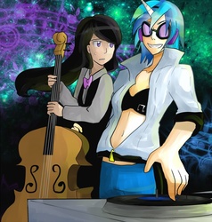 Size: 715x750 | Tagged: safe, artist:chika_rosio, dj pon-3, octavia melody, vinyl scratch, human, g4, horn, horned humanization, humanized, pixiv, turntable