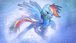 Size: 1920x1080 | Tagged: dead source, safe, artist:itchykitchy, artist:overmare, rainbow dash, pony, g4, cute, dashabetes, female, lidded eyes, looking at you, smiling, snow, solo, wallpaper