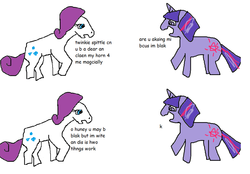 Size: 900x626 | Tagged: safe, artist:glitterprince, rarity, twilight sparkle, g4, comic sans, stylistic suck, text