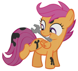 Size: 1529x1401 | Tagged: safe, artist:acuario1602, scootaloo, pegasus, pony, g4, dirty, female, filly, foal, mouth hold, simple background, solo, white background, wrench