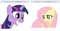 Size: 852x454 | Tagged: safe, fluttershy, twilight sparkle, g4, blushing, exploitable meme, faic, grin, juxtaposition, juxtaposition win, simple background, smiling, vector, white background