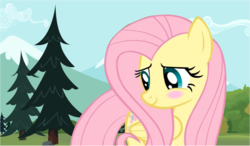 Size: 1252x732 | Tagged: safe, artist:acuario1602, fluttershy, pegasus, pony, g4, blush sticker, blushing, female, mare, pine tree, solo, tree