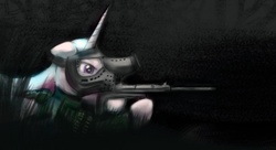 Size: 1024x559 | Tagged: safe, artist:daedric-pony, princess celestia, pony, g4, female, paintball, paintball gun, solo