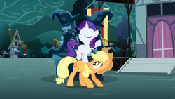 Size: 1280x720 | Tagged: safe, screencap, applejack, rarity, sweetie belle, trixie, earth pony, pony, unicorn, g4, magic duel, disguise, duo, eyes closed, female, filly, filly rarity, mare, overcast, raritie belle, statue, younger