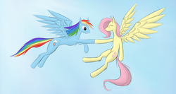 Size: 2250x1200 | Tagged: safe, artist:chrysopoeia, fluttershy, rainbow dash, g4, concave belly, flying, slender, thin