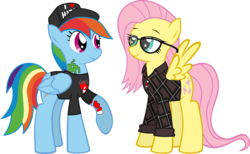 Size: 4578x2811 | Tagged: safe, artist:sasukex125, fluttershy, rainbow dash, g4, clothes, cosplay, deadmau5, flutterwub, glasses, high res, piercing, ra1nb00m, shirt, skrillex, tattoo