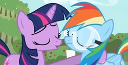 Size: 551x281 | Tagged: safe, screencap, rainbow dash, twilight sparkle, g4, lesson zero, hub logo, imminent kissing, out of context