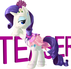 Size: 1556x1504 | Tagged: safe, artist:countcarbon, rarity, pony, unicorn, g4, bipedal leaning, clothes, dress, female, flower, flower in hair, fourth wall, hair ornament, lidded eyes, looking back, obtrusive watermark, saddle, solo, text, watermark