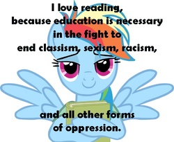 Size: 500x410 | Tagged: dead source, safe, rainbow dash, pegasus, pony, g4, book, female, feminism, feministmylittlepony, image macro, mare, meme, meta, text, tumblr