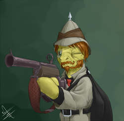 Size: 500x489 | Tagged: safe, artist:1jaz, cape, cloak, clothes, cravat, elephant gun, facial hair, gun, hat, hunting, jumanji, pith helmet, poacher, ponified, shirt, van pelt