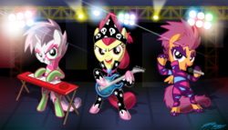 Size: 1000x570 | Tagged: safe, artist:willdrawforfood1, apple bloom, scootaloo, sweetie belle, earth pony, pony, g4, the show stoppers, band, concert, costume, cutie mark crusaders, keyboard, microphone, musical instrument, playing, show stopper outfits