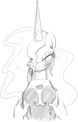 Size: 833x1299 | Tagged: safe, artist:zev, nightmare moon, human, g4, blushing, crying, grayscale, helmet, monochrome, pov