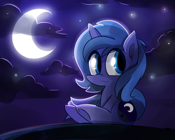 Size: 2000x1600 | Tagged: safe, artist:kty159, princess luna, pony, unicorn, g4, chibi, cloud, cloudy, crescent moon, female, filly, looking back, moon, night, night sky, sitting, sky, solo, starry night, transparent moon, underhoof, woona, younger
