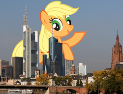 Size: 954x728 | Tagged: safe, applejack, earth pony, pony, g4, city, derp, female, frankfurt, germany, giant earth pony, giant pony, giantess, hatless, highrise ponies, macro, mare, missing accessory, stock vector