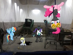 Size: 1280x960 | Tagged: safe, artist:kiwileescipio, derpy hooves, pinkie pie, rainbow dash, rarity, changeling, earth pony, pegasus, pony, unicorn, g4, female, fork lift truck, goggles, mare, ninja, pinkie spy, plastic, ponies in real life, shopping cart, shovel