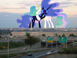 Size: 1000x750 | Tagged: safe, nightmare moon, princess celestia, alicorn, pony, g4, city, duo, duo female, female, giant pony, giantess, giantlestia, highrise ponies, hug, macro, ponies in real life, washington d.c., washington monument