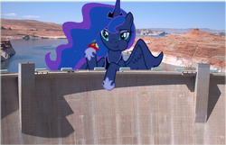 Size: 1078x696 | Tagged: safe, princess luna, pony, g4, apple, dam, eating, female, giant pony, giantess, highrise ponies, macro, ponies in real life, solo