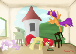 Size: 2100x1500 | Tagged: safe, artist:junker-kun, apple bloom, scootaloo, sweetie belle, g4, cutie mark crusaders, missing accessory, painting, sleeping, wall