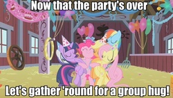 Size: 853x480 | Tagged: safe, edit, edited screencap, screencap, applejack, fluttershy, pinkie pie, rainbow dash, rarity, twilight sparkle, g4, my little pony: friendship is magic, party of one, caption, group hug, hug, image macro