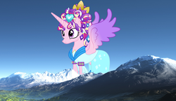 Size: 1000x576 | Tagged: safe, princess cadance, alicorn, pony, g4, ceremonial headdress, female, giant alicorn, giant pony, giantess, highrise ponies, macro, mare, mountain, ponies in real life