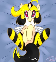 Size: 700x768 | Tagged: safe, artist:kikiluv17, oc, oc only, alicorn, bee, bee pony, monster pony, original species, pony, alicorn oc, animal costume, bed, bee costume, clothes, costume, cute, lying, lying on bed, mattress, socks, solo, striped socks, thigh highs, wings