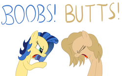 Size: 1932x1217 | Tagged: safe, artist:99, artist:slavedemorto, oc, oc only, oc:backy, oc:milky way, earth pony, pony, angry, argument, breasts, butts, dialogue, duo, duo female, earth pony oc, eyes closed, female, mare, simple background, text, tumblr, white background, why not both, yelling