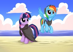 Size: 1754x1241 | Tagged: safe, artist:mysticalpha, rainbow dash, twilight sparkle, g4, beach, cloak, clothes, wallpaper