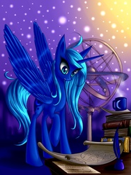 Size: 1200x1600 | Tagged: safe, artist:asimos, princess luna, alicorn, pony, g4, book, female, inkwell, missing accessory, mug, orrery, quill, solo, star chart, starry night