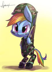 Size: 2344x3264 | Tagged: safe, artist:jggjqm522, rainbow dash, earth pony, pony, g4, bipedal, boots, camouflage, clothes, female, gun, helmet, mare, military, military uniform, race swap, rifle, shoes, signature, simple background, soldier, solo, standing, wingless