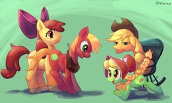 Size: 5308x3184 | Tagged: safe, artist:jggjqm522, apple bloom, applejack, big macintosh, granny smith, earth pony, pony, g4, apple family, male, older, role reversal, stallion, wat, younger