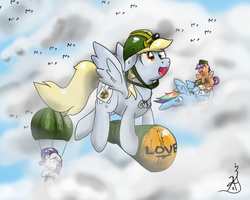 Size: 1024x819 | Tagged: safe, artist:littlenoxienocte, derpy hooves, rainbow dash, rarity, scootaloo, pegasus, pony, g4, bomb, female, glasses, mare, parachute, unamused