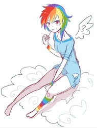 Size: 388x510 | Tagged: safe, artist:hinakitteh, rainbow dash, human, g4, barefoot, bottomless, cloud, feet, humanized, leg warmers, winged humanization