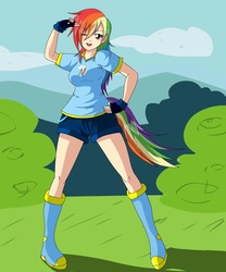 Size: 1000x1200 | Tagged: safe, artist:bocodamondo, rainbow dash, human, g4, clothes, fingerless gloves, gloves, humanized, tailed humanization