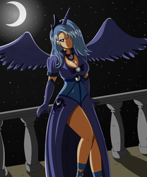 Size: 1000x1200 | Tagged: safe, artist:bocodamondo, princess luna, human, g4, balcony, breasts, busty princess luna, crescent moon, cute, female, horn, horned humanization, humanized, lunabetes, night, s1 luna, solo, transparent moon, winged humanization